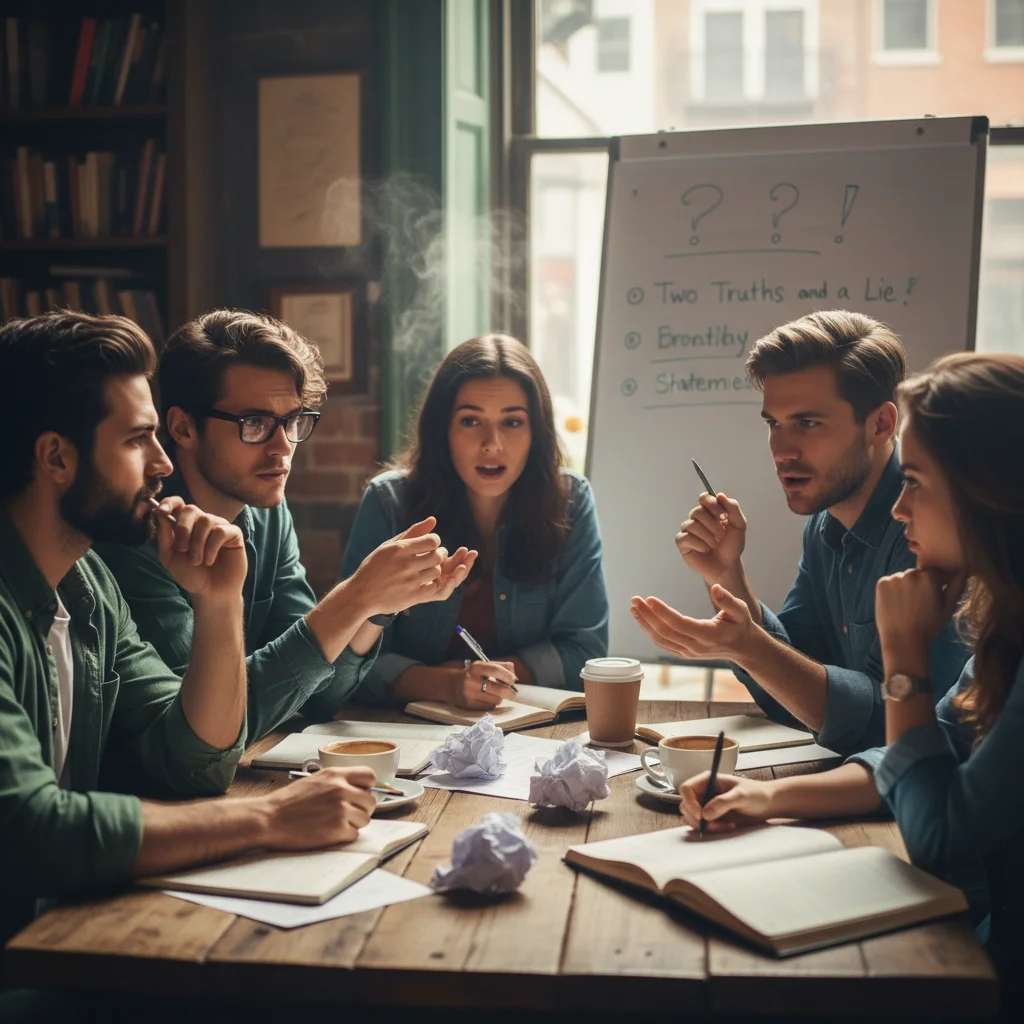 Group discussing and strategizing two truths and a lie game