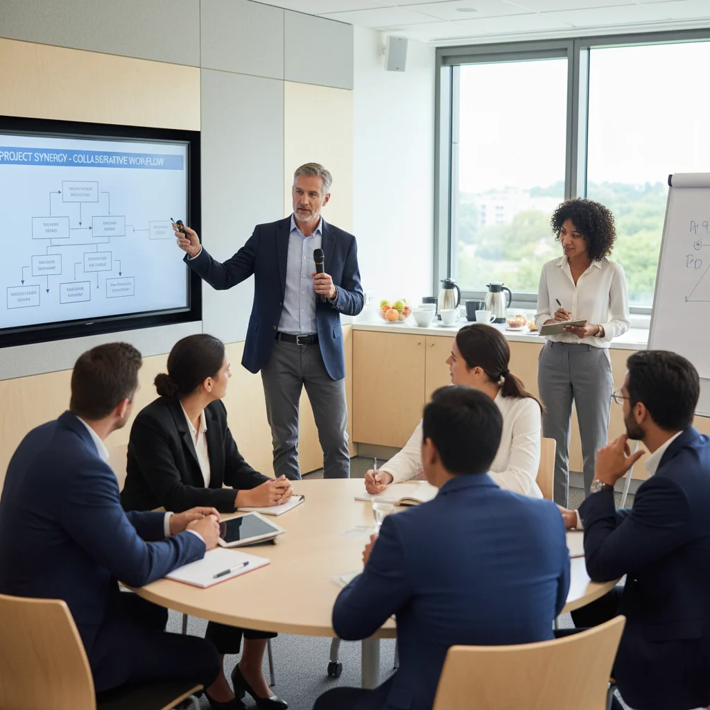 Experienced facilitator managing group dynamics in workshop