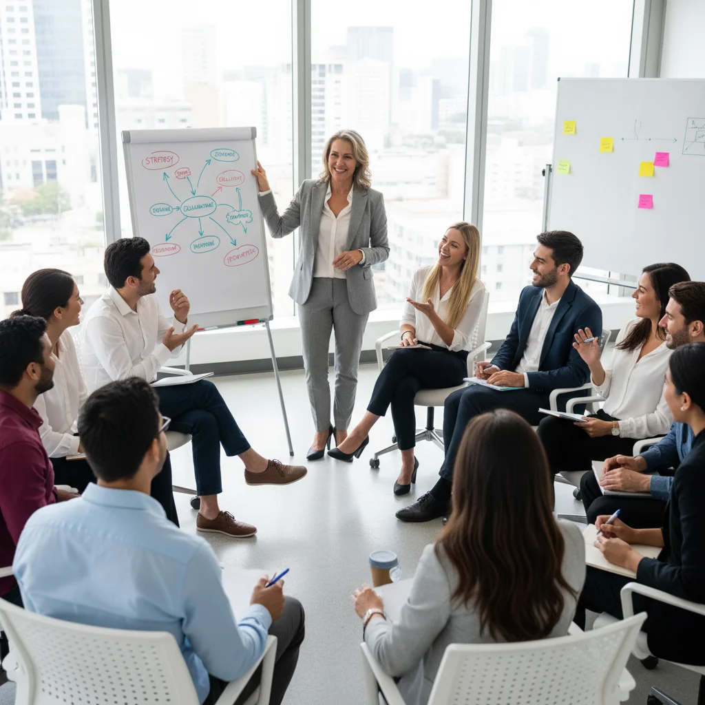 Professional facilitator leading workshop with engaged participants