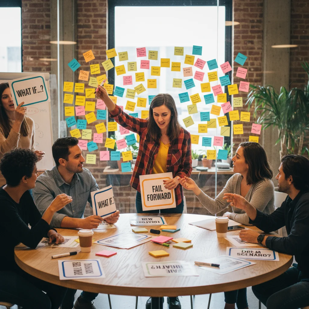 Creative brainstorming session with icebreaker question cards