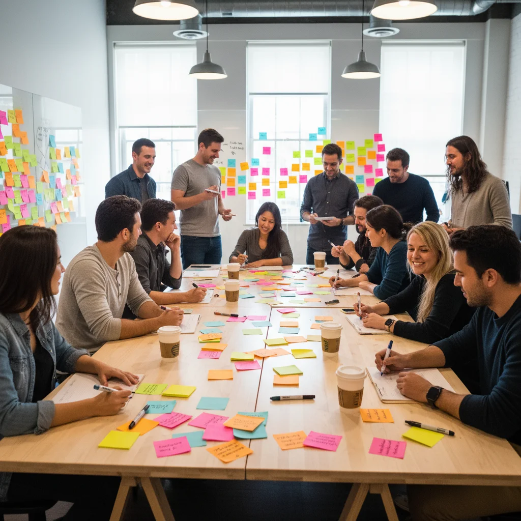 People writing icebreaker questions on colorful sticky notes