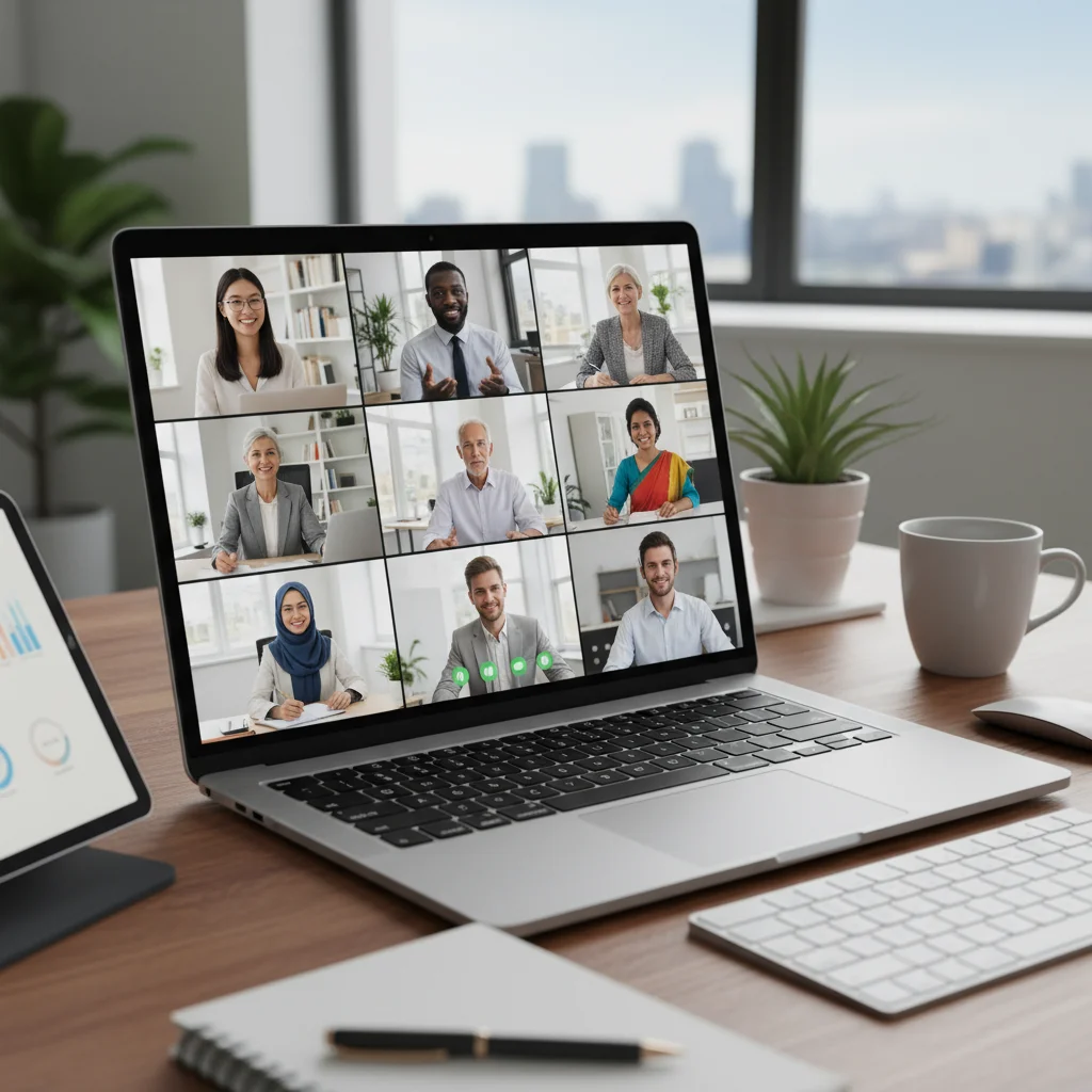 Virtual team meeting with remote workers on video call