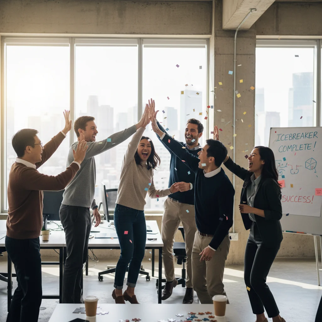 Team celebrating successful icebreaker activity with high-fives