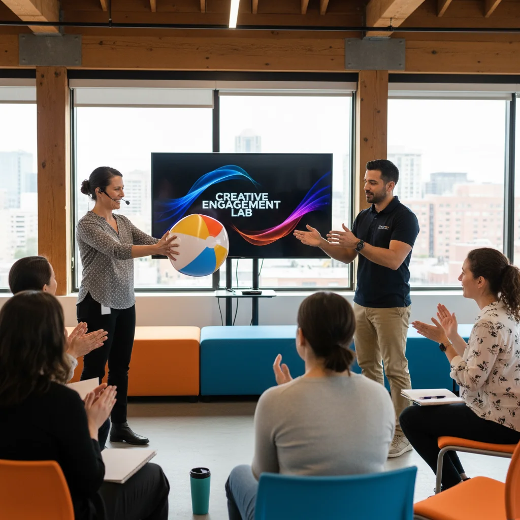 Professional facilitator leading team building icebreaker activity