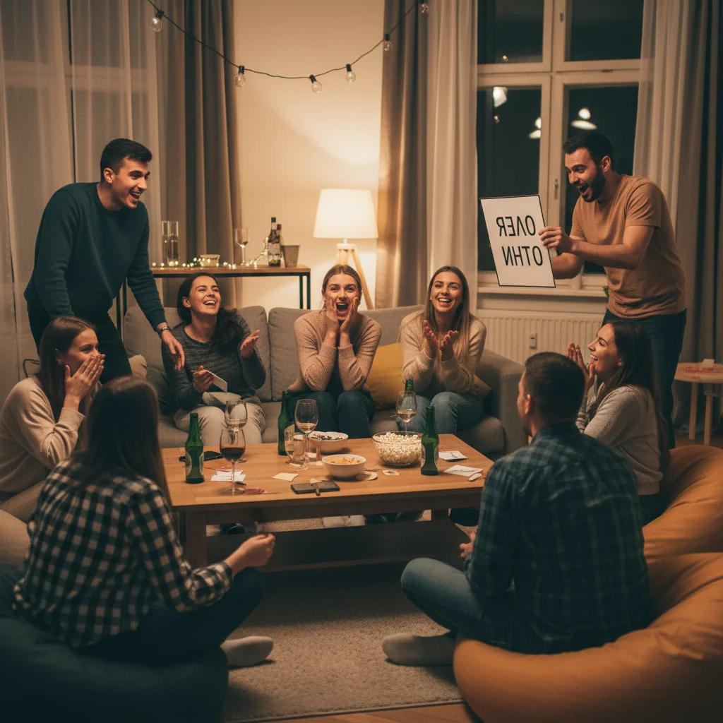 Friends at casual social gathering playing fun icebreaker game