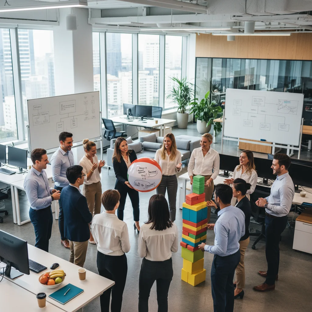 Office colleagues playing workplace icebreaker game
