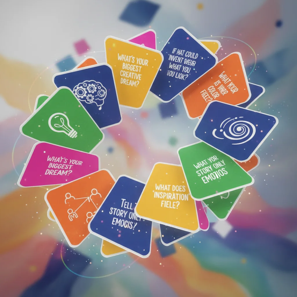 Colorful interactive question prompt cards floating artistically